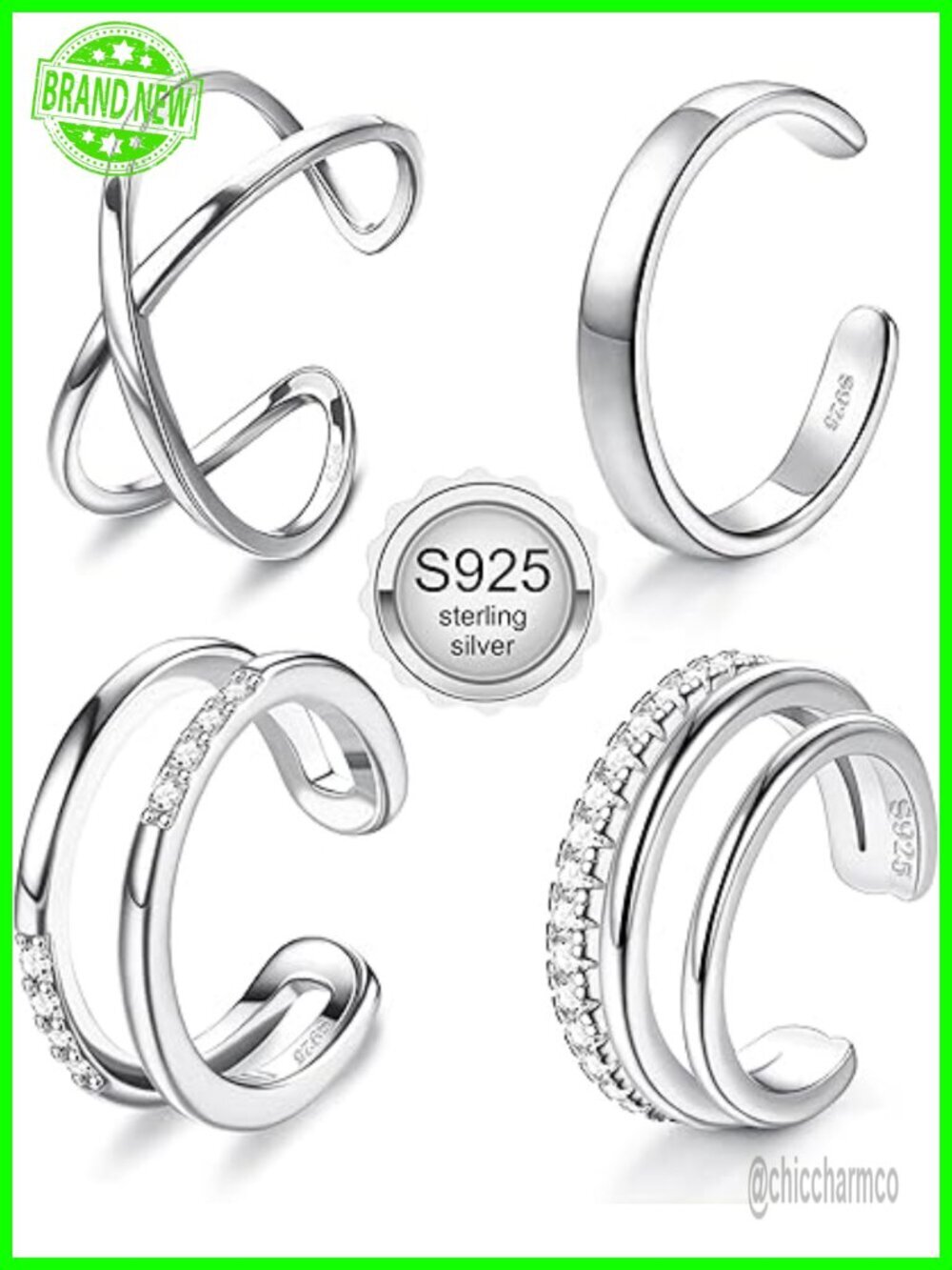4 Pcs 925 Sterling Silver Ear Cuff Set Non Piercing Adjustable Earrings Clip On